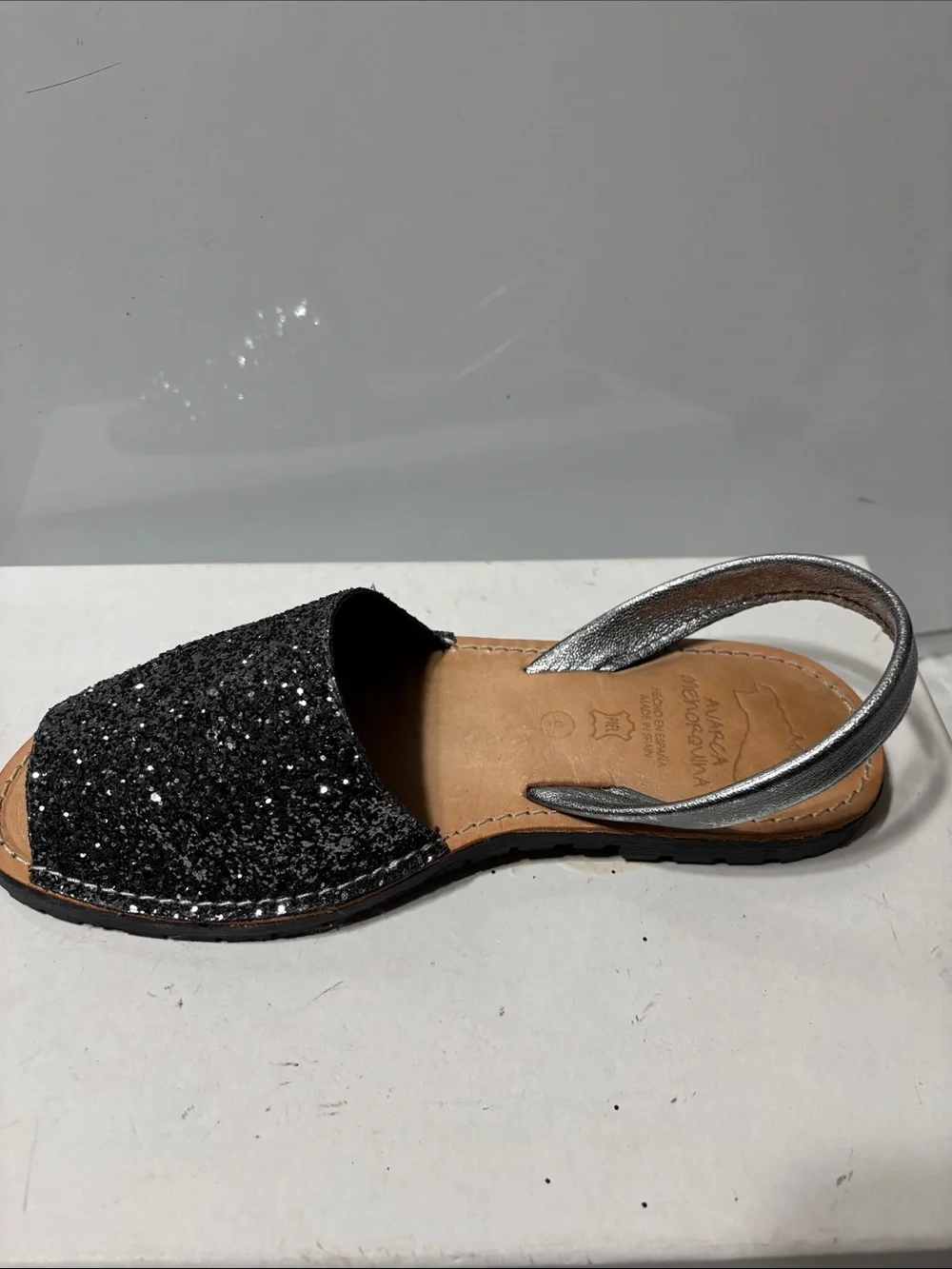 Women's Black Glitter Sandals with Silver Ankle Strap - Picture 6 of 6